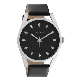 Silver coloured OOZOO watch with black leather strap - C10818