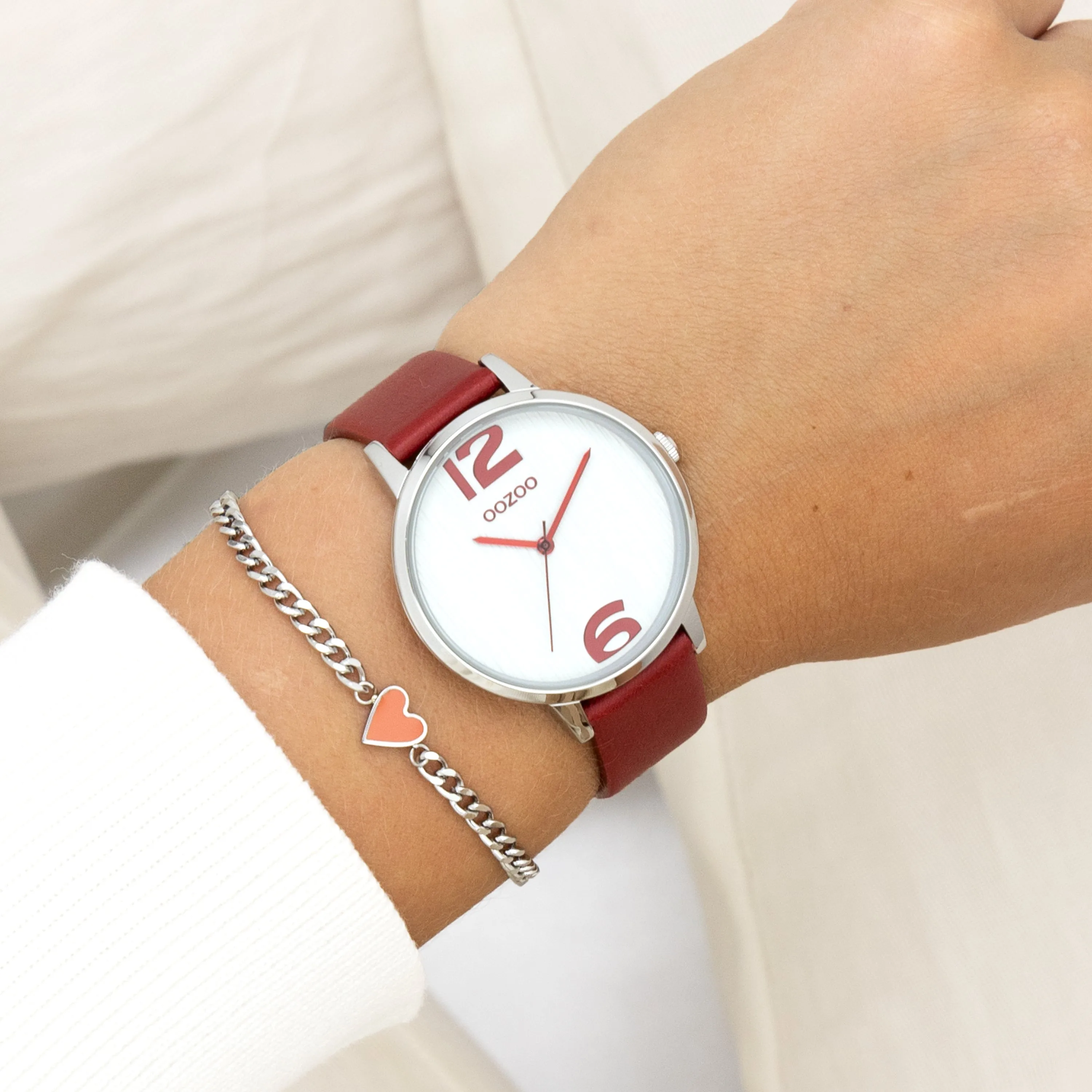 Silver coloured OOZOO watch with dahlia red leather strap - C11237