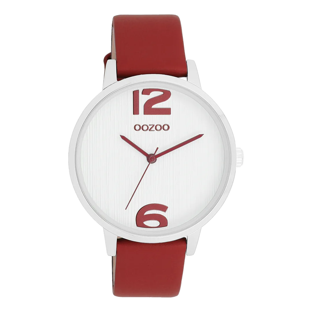 Silver coloured OOZOO watch with dahlia red leather strap - C11237