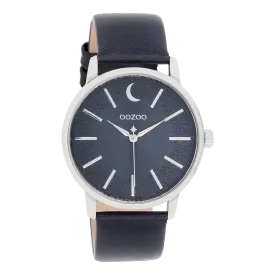 Silver coloured OOZOO watch with dark blue  leather strap - C11043