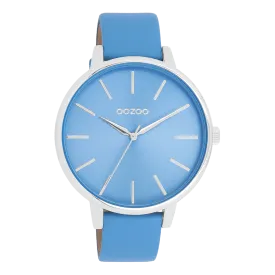 Silver coloured OOZOO watch with mineral blue leather strap - C11296