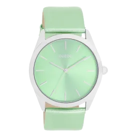 Silver coloured OOZOO watch with mint green leather strap - C11336