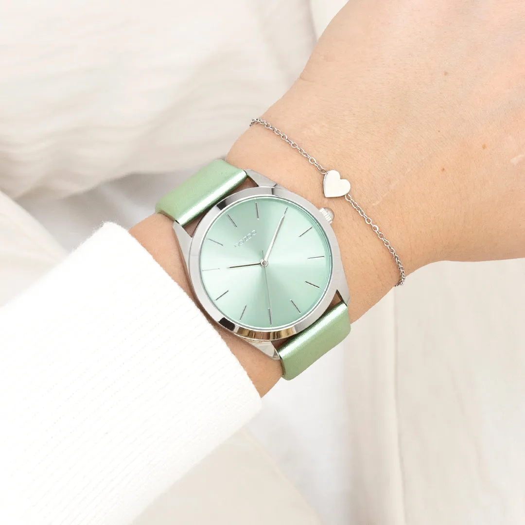 Silver coloured OOZOO watch with mint green leather strap - C11336