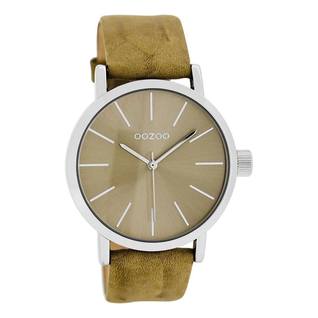 Silver coloured  watch with sand leather strap