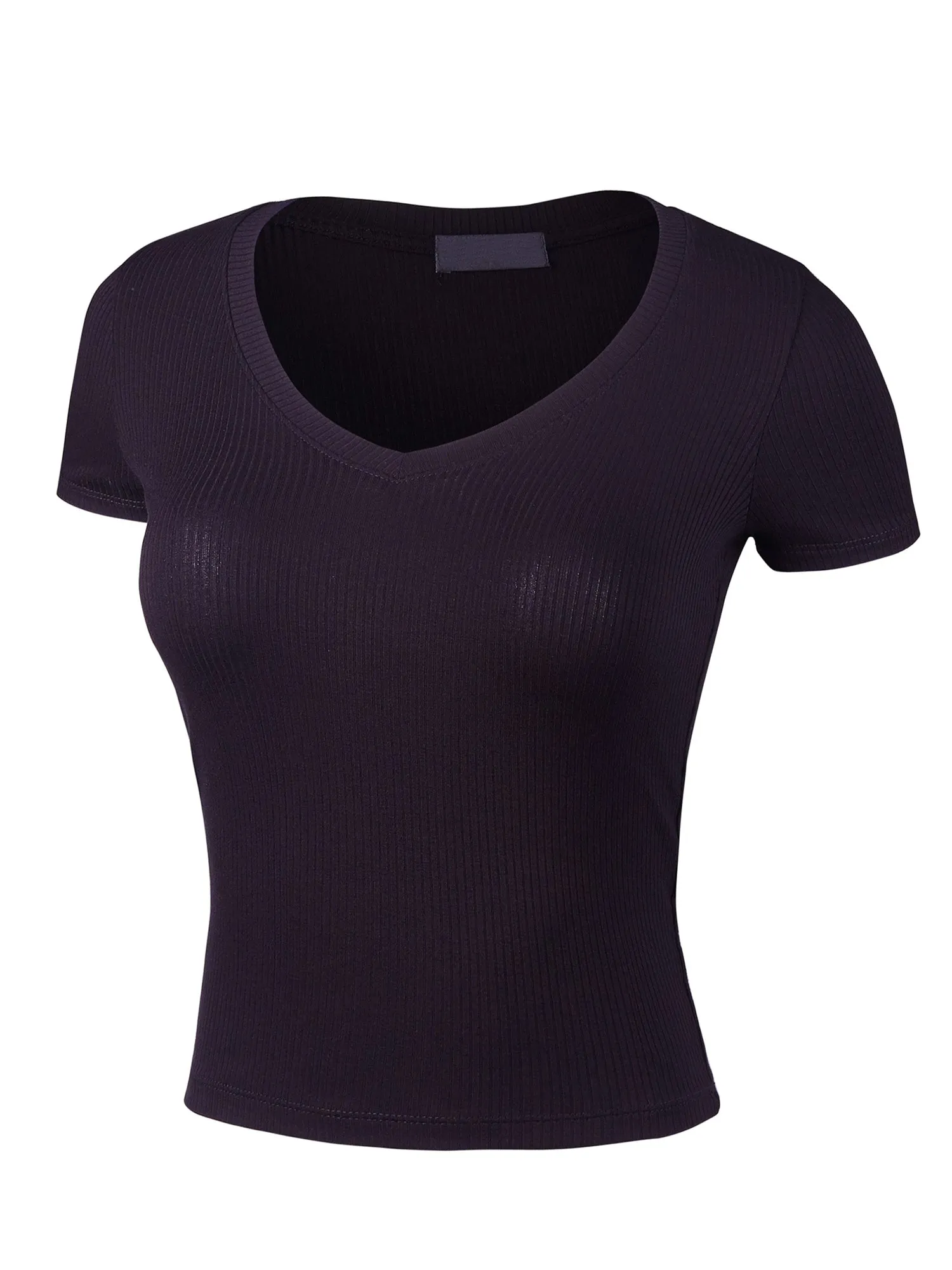 Women's Basic Ribbed V Neck Short Sleeve T-Shirt (FWT1082)